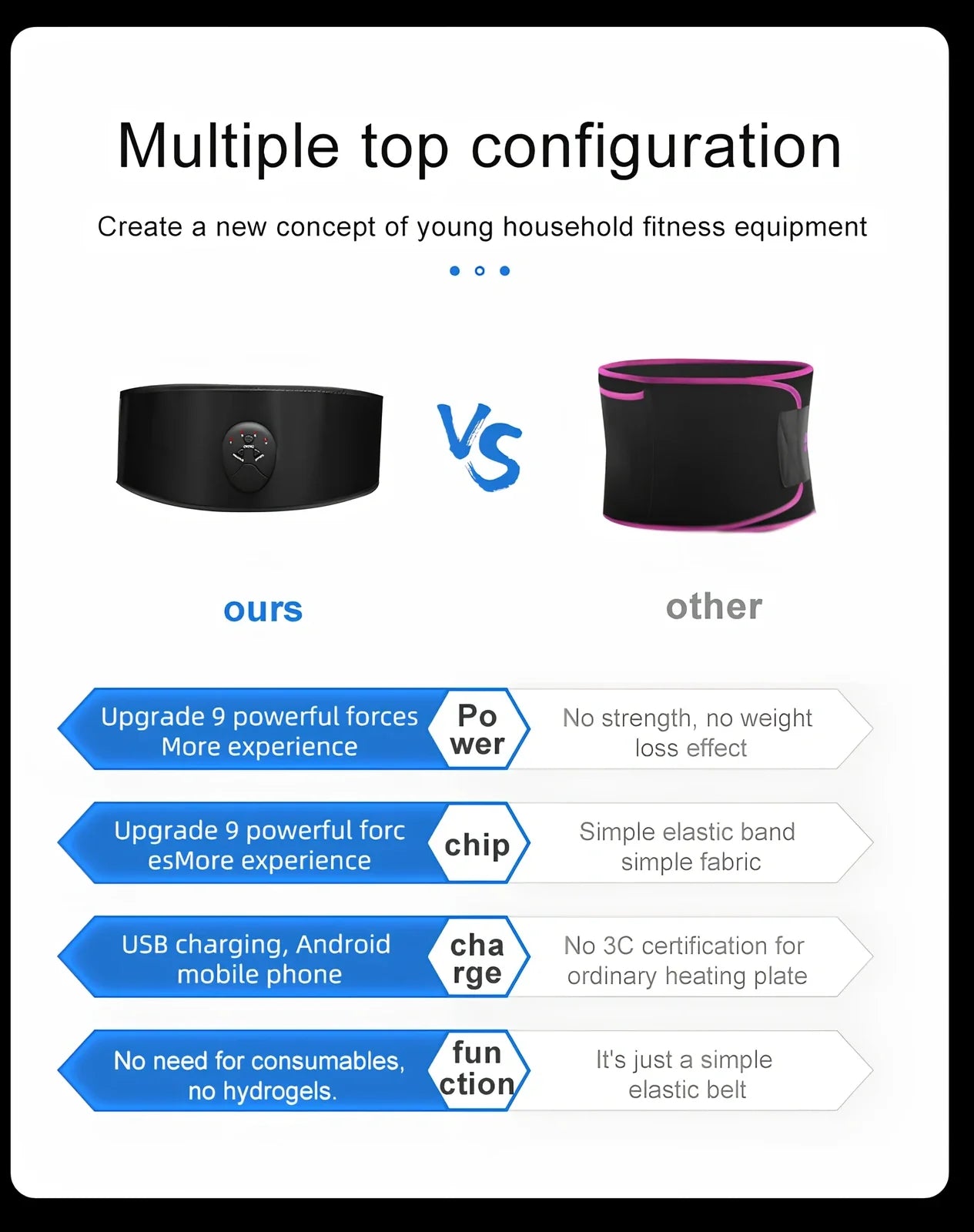 Black abdominal slimming belt with adjustable waist strap showing vibration unit and 10-speed controls