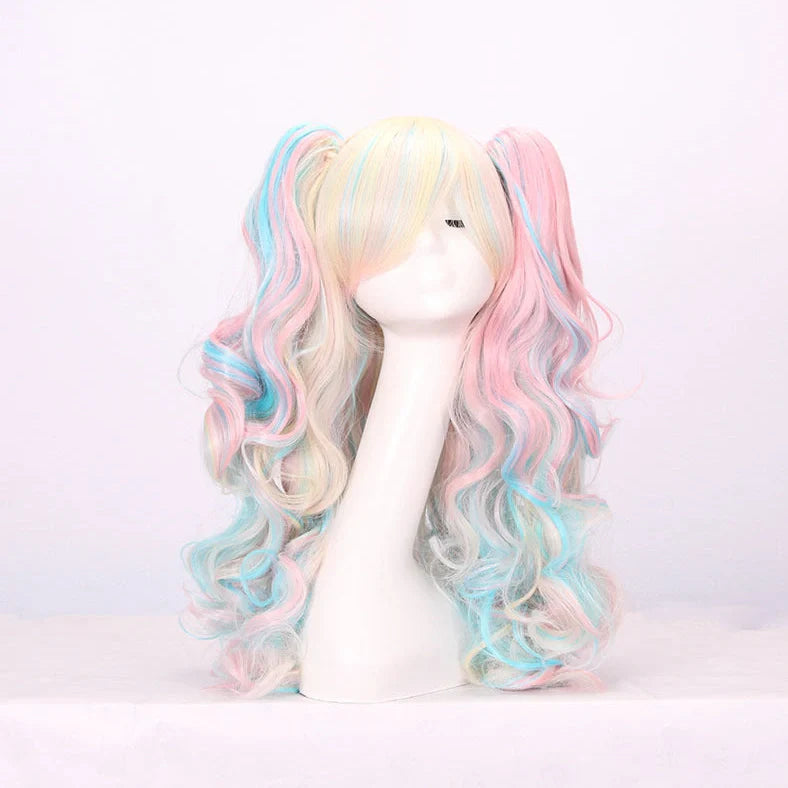 Double ponytail long curly wig with 45cm length and heat-resistant fibres for face shape modification