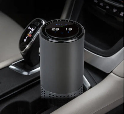 A7 aluminium alloy car air purifier with display showing air quality, temperature, and humidity readings.