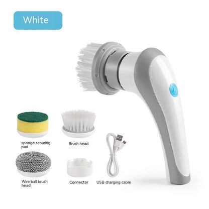 White cordless electric spin scrubber with multiple brush heads on a bathroom tile.