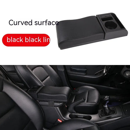 Universal plastic car armrest cover showing height increase with PU leather and carbon fibre surface options