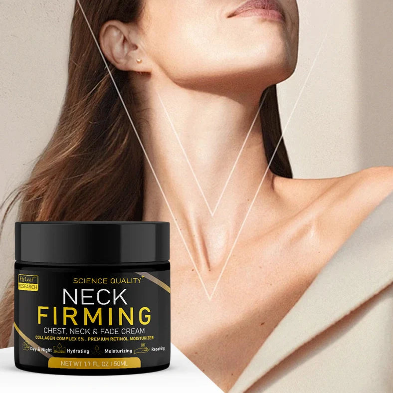 50ml neck firming cream jar showing clinical 30% wrinkle reduction results with hyaluronic acid and marine collagen formula
