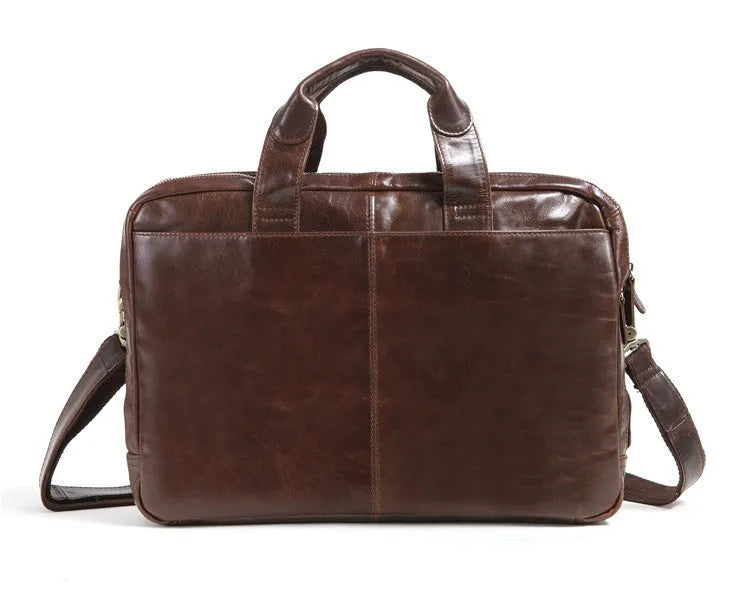 Brown men's leather briefcase with a textured pattern, shown with an open view of the polyester cotton lining.
