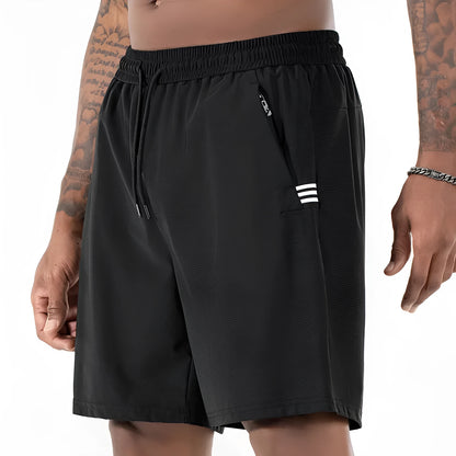 Men's black Ice Silk quick-drying sports shorts with high waist and drawstring.