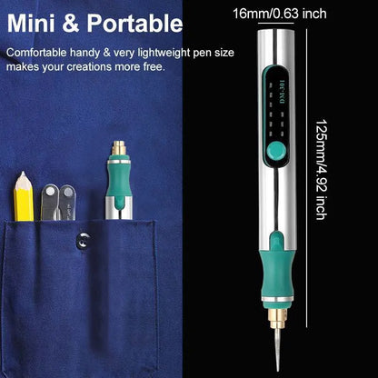 Electric engraving pen with USB charging cable and accessories including grinding heads, cutting plates, and drill bits