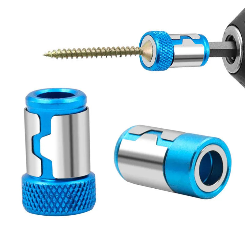 Light blue magnetic screwdriver bit with slotted head and magnetic ring for metric screws