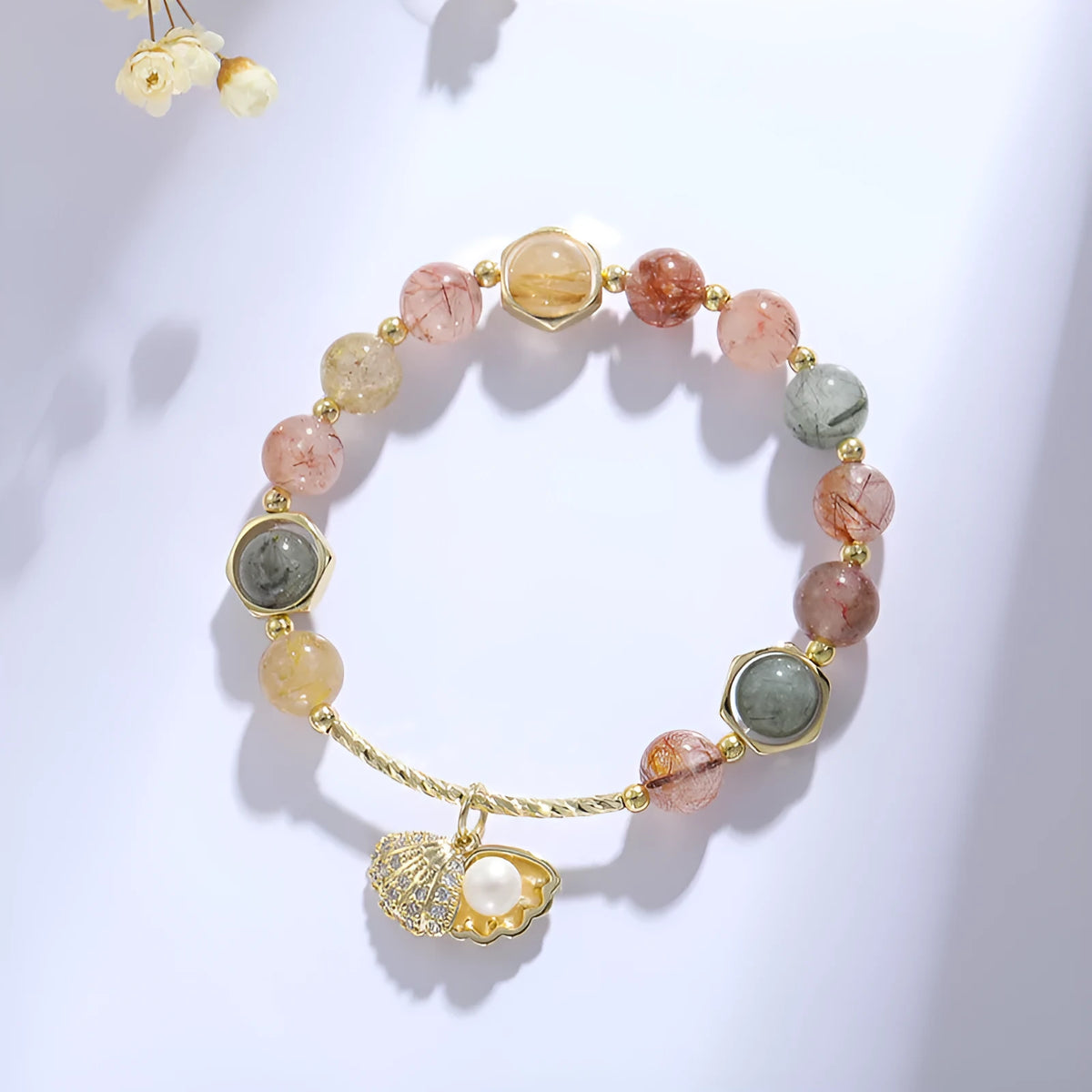 Women's crystal bracelet with coloured hair crystal shell and red sealant flower animal zodiac design