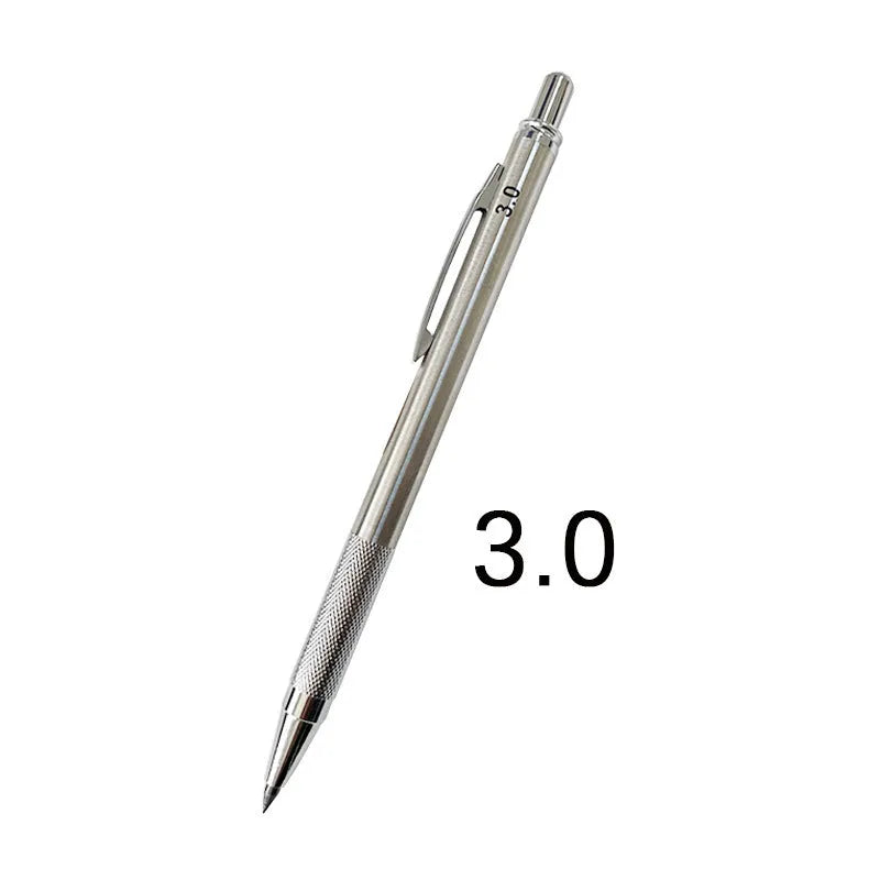 Metal automatic mechanical pencil showing multiple lead diameter options including 0.5 mm, 0.7 mm, 0.9 mm, 1.3 mm, and 2.0 mm