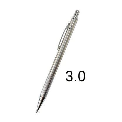 Metal automatic mechanical pencil showing multiple lead diameter options including 0.5 mm, 0.7 mm, 0.9 mm, 1.3 mm, and 2.0 mm