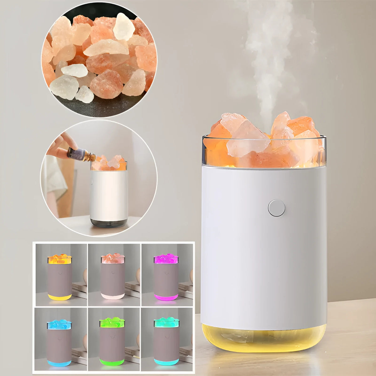 Crystal salt stone USB humidifier diffuser with LED lamp, 260ml tank, 125*77*77mm, Blue Pink White options