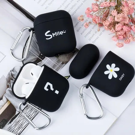 Black and Pink hard PC plastic covers for AirPods cases with decorative patterns.