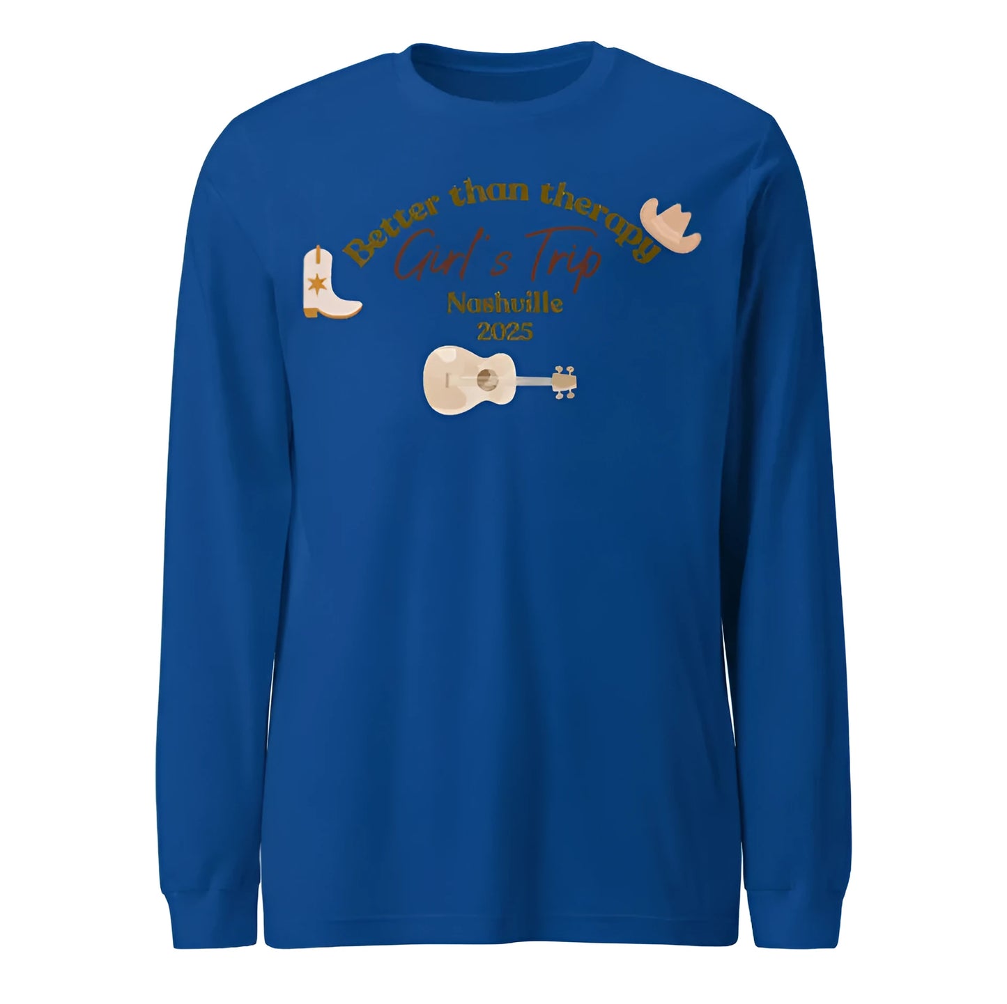 Blue men's loose round neck sweater with printed letter and pattern design.