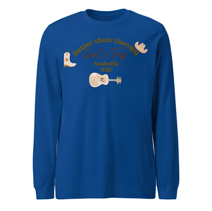 Blue men's loose round neck sweater with printed letter and pattern design.