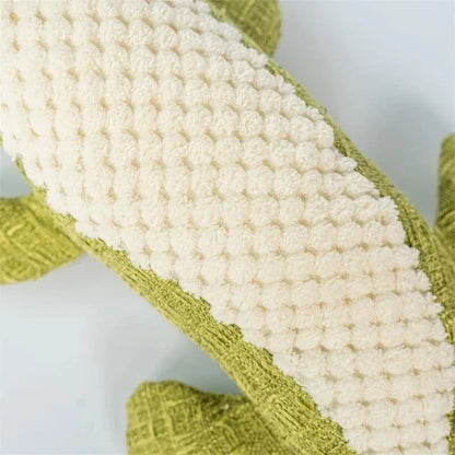 Blue corn grid plush toy for pets with biting sound function next to green and red versions.