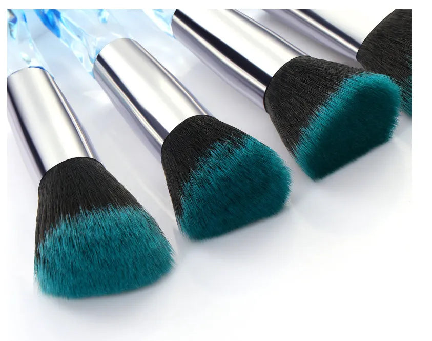 10 clear crystal foundation brushes with diamond shank handles and 4.5cm artificial fibre bristles arranged in set