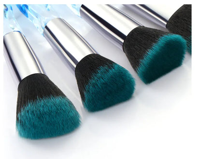 10 clear crystal foundation brushes with diamond shank handles and 4.5cm artificial fibre bristles arranged in set