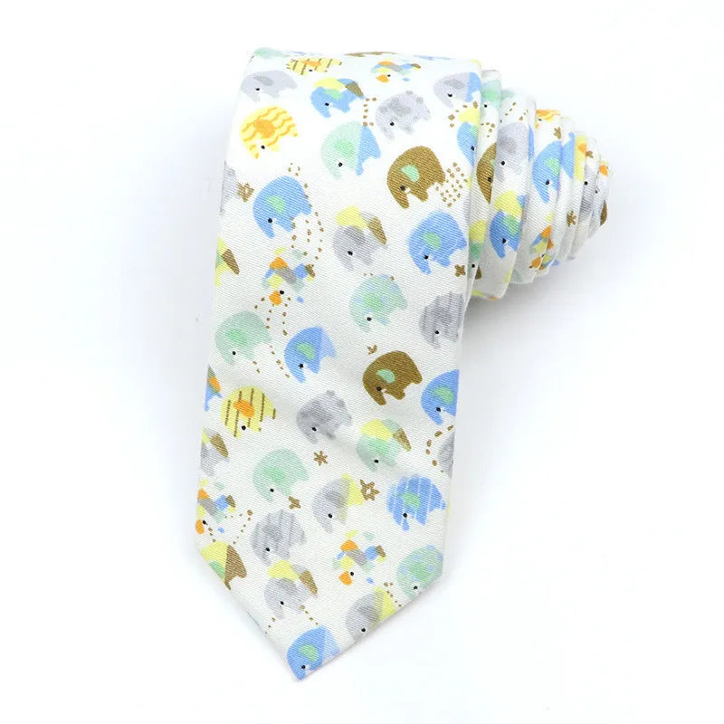 Korean style narrow men's cotton bow tie with a printed cartoon pattern on an adjustable fabric strap.