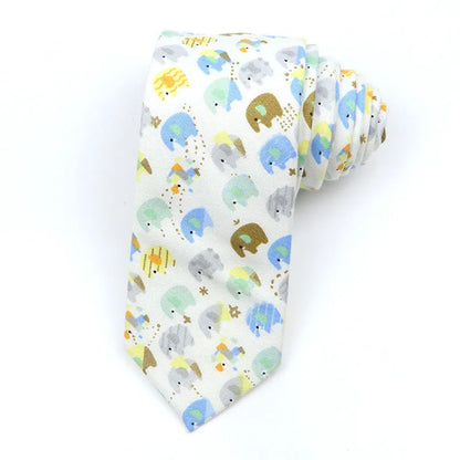 Korean style narrow men's cotton bow tie with a printed cartoon pattern on an adjustable fabric strap.