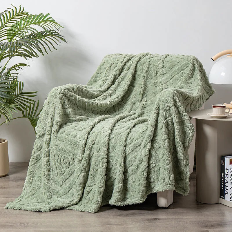 Shu velvet jacquard sofa blanket in solid colour with plant flower patterns showing size options