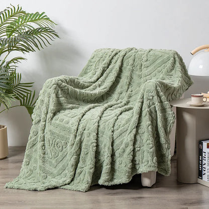 Shu velvet jacquard sofa blanket in solid colour with plant flower patterns showing size options