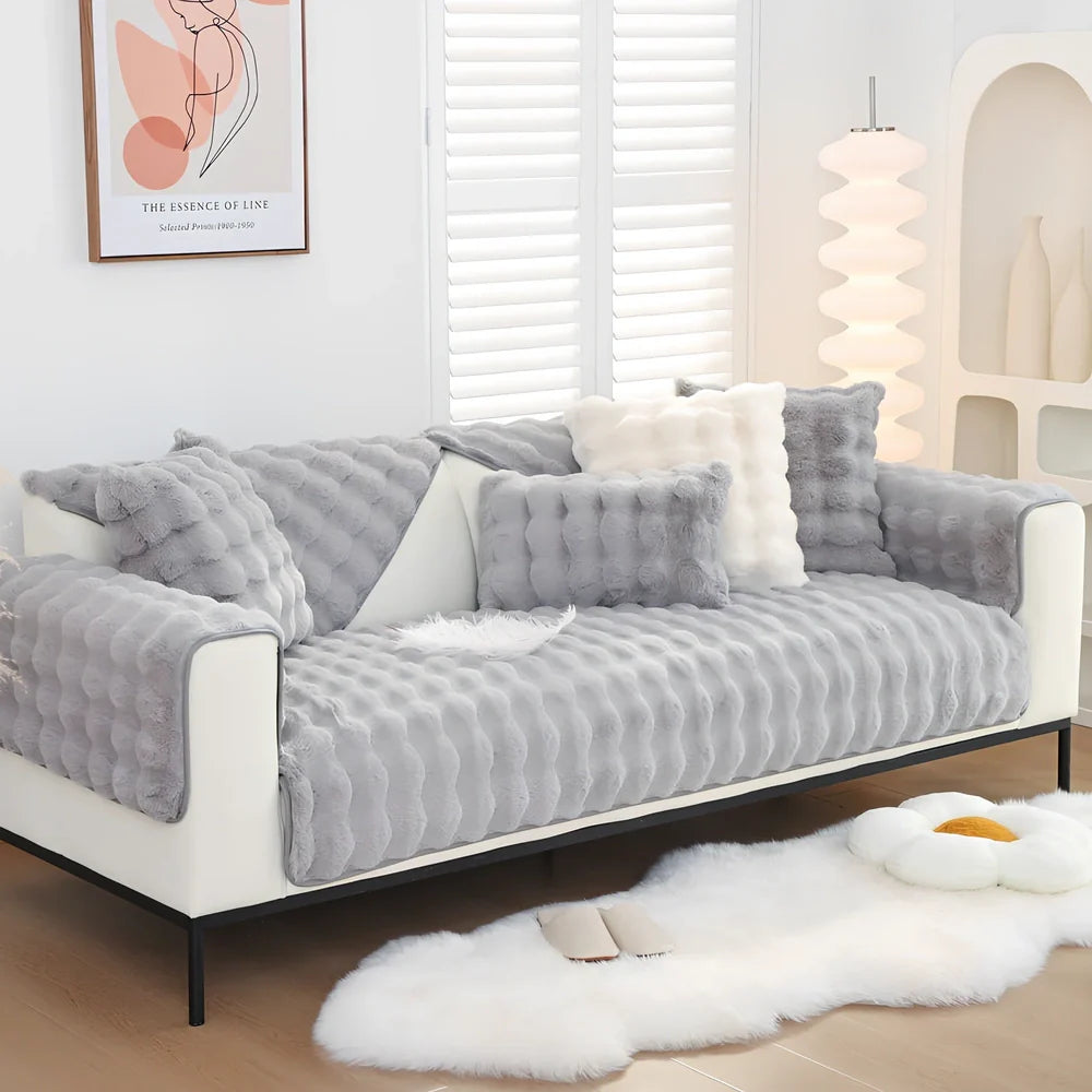Flannelette sofa cushion with bubble plush texture in square pattern, available in multiple sizes and colours