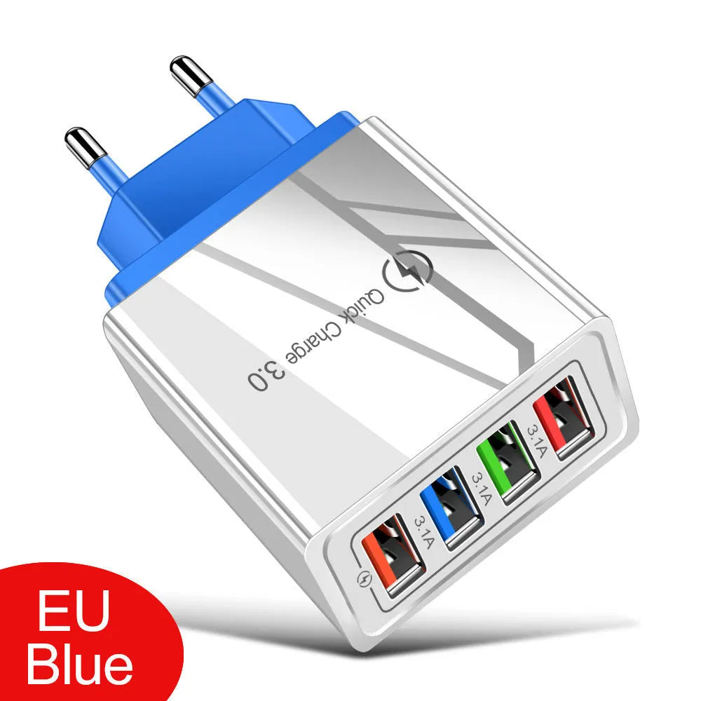 Four-port USB mobile phone charging head with luminous indicator in multiple colour options