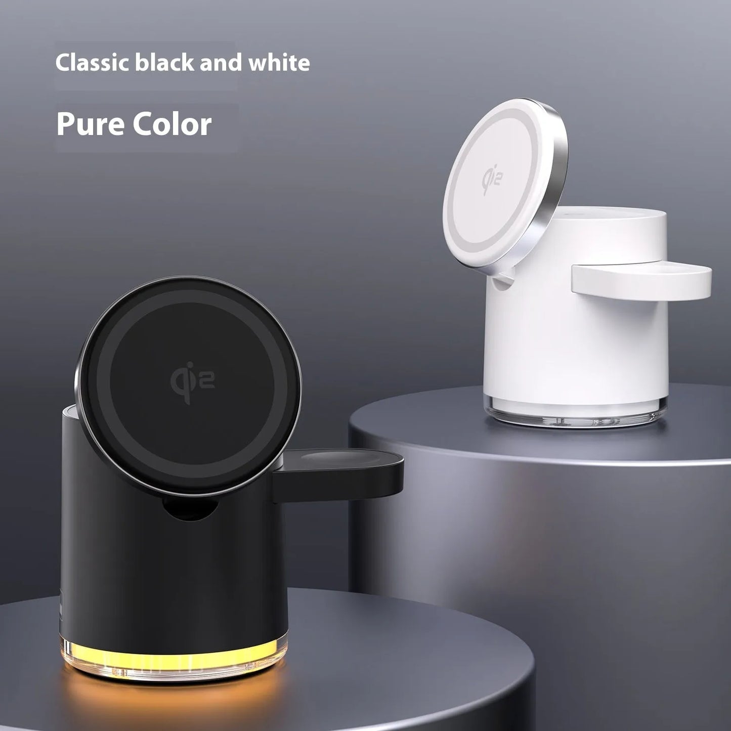 Black C16 magnetic folding wireless charger showing iPhone, Apple Watch, and AirPods placed on its three charging pads.