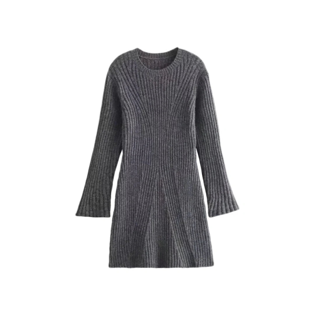 Stylish ribbed knitted dress for women in slim fit with stand-up collar, perfect for winter