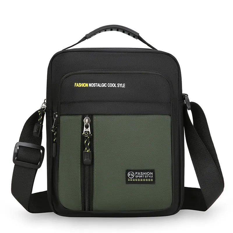 Men's casual nylon messenger bag in four colour options showing shoulder strap and visible sewing thread detailing