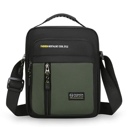 Men's casual nylon messenger bag in four colour options showing shoulder strap and visible sewing thread detailing
