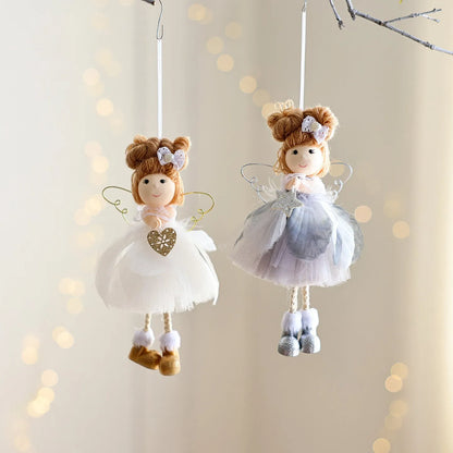 White mesh angel girl Christmas ornament with snowflake detail hanging demonstration