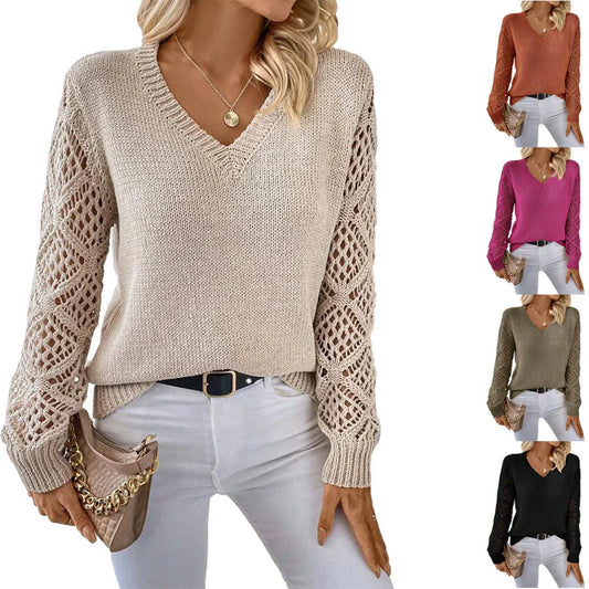 Stylish V-neck sweater with hollow long sleeves in a variety of trendy colors