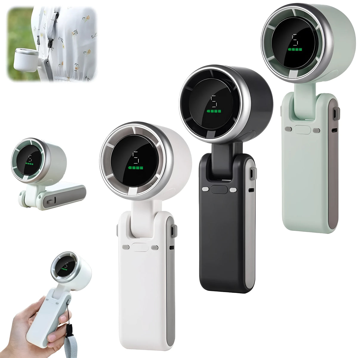 Portable folding mini fan showing adjustable head and compact plastic housing with USB Type-C charging port