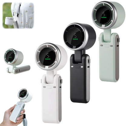 Portable folding mini fan showing adjustable head and compact plastic housing with USB Type-C charging port