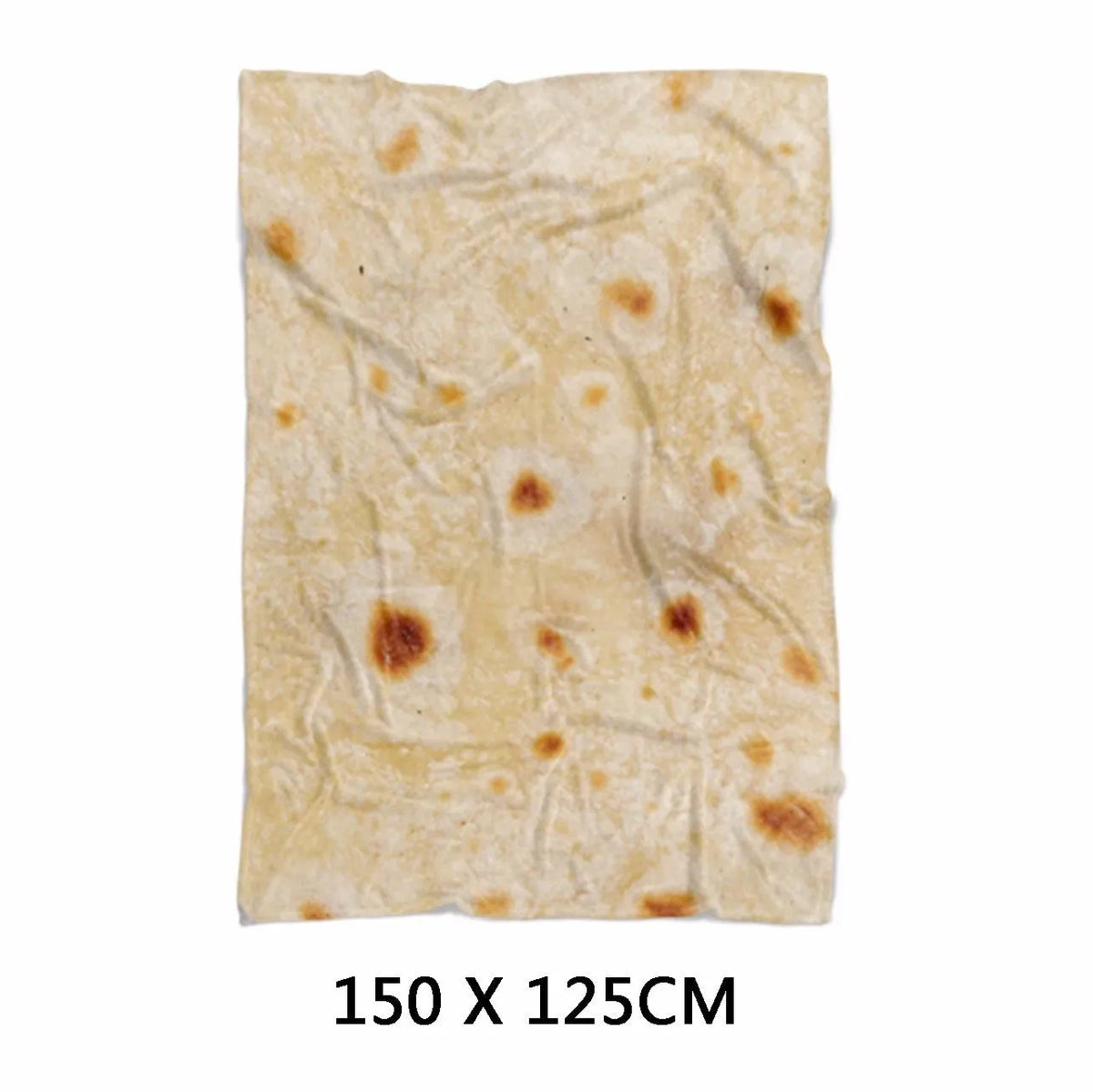 Round flannel burrito blanket with food-themed printing, showing coral fleece texture and wrap-style design