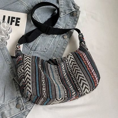 Women's ethnic style canvas crossbody dumpling bag in multiple colours with decorative sewing thread details
