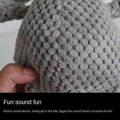 Plush dog squeaky chew toy in animal shape options: donkey, elephant, orangutan, or rabbit.