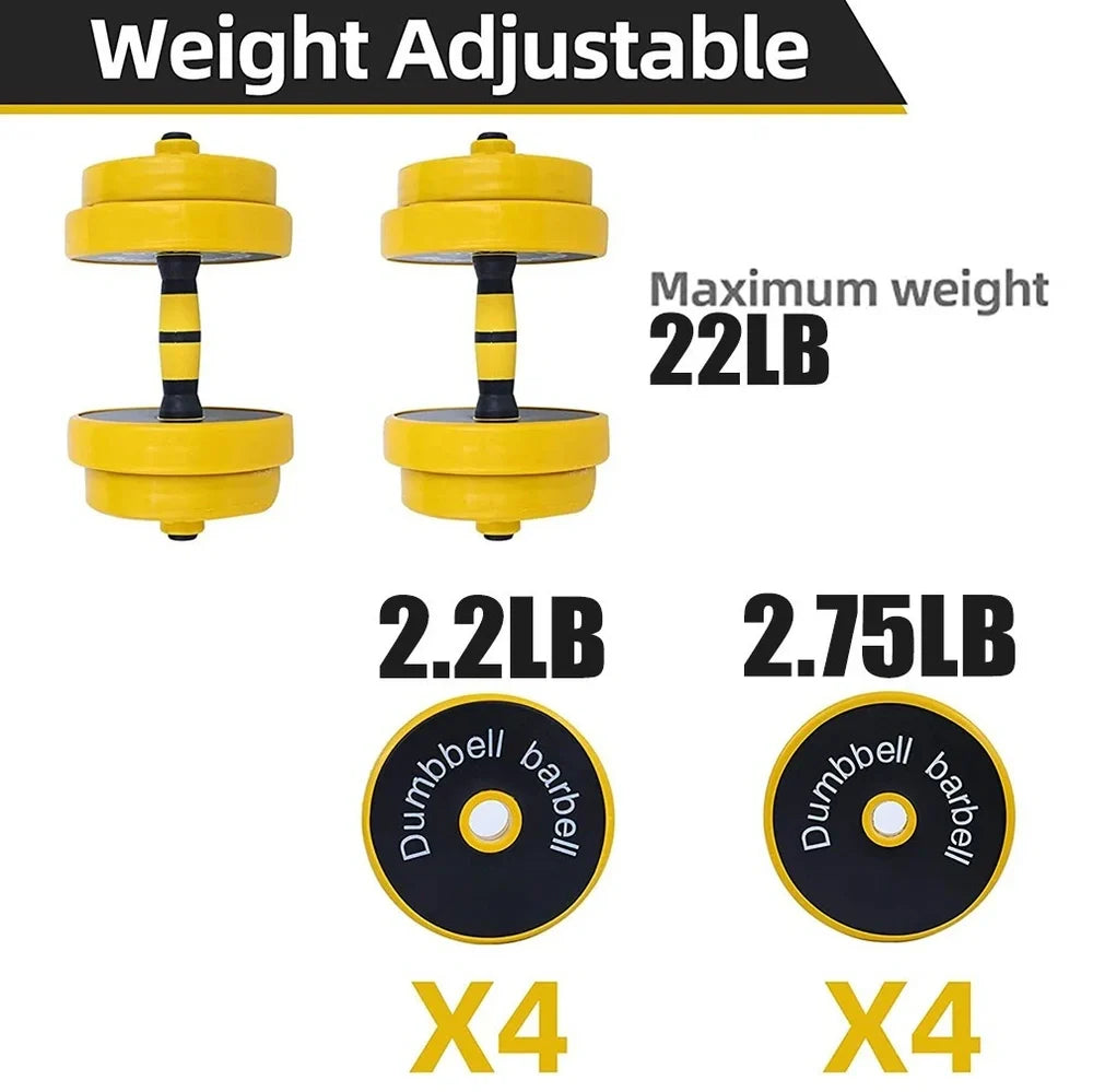 Yellow adjustable dumbbell barbell set with weight plates and connecting rod for home gym