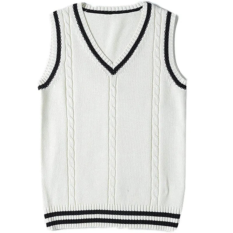 Women's V-neck striped stitching knitted sweater in slim fit, available in white, black, dark blue, wine red, and brown