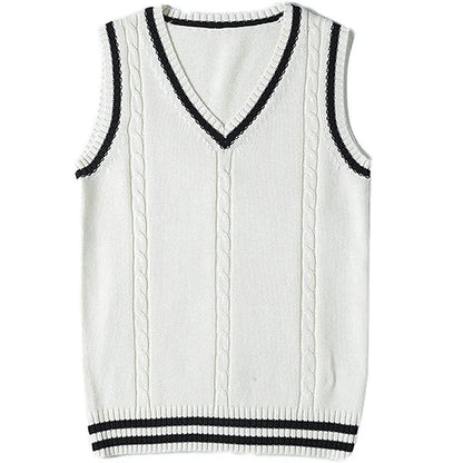 Women's V-neck striped stitching knitted sweater in slim fit, available in white, black, dark blue, wine red, and brown