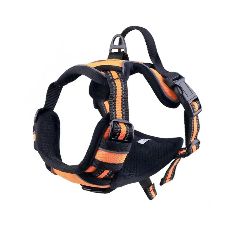 Adjustable Oxford cloth dog chest harness shown in multiple colours including red, blue, and green.