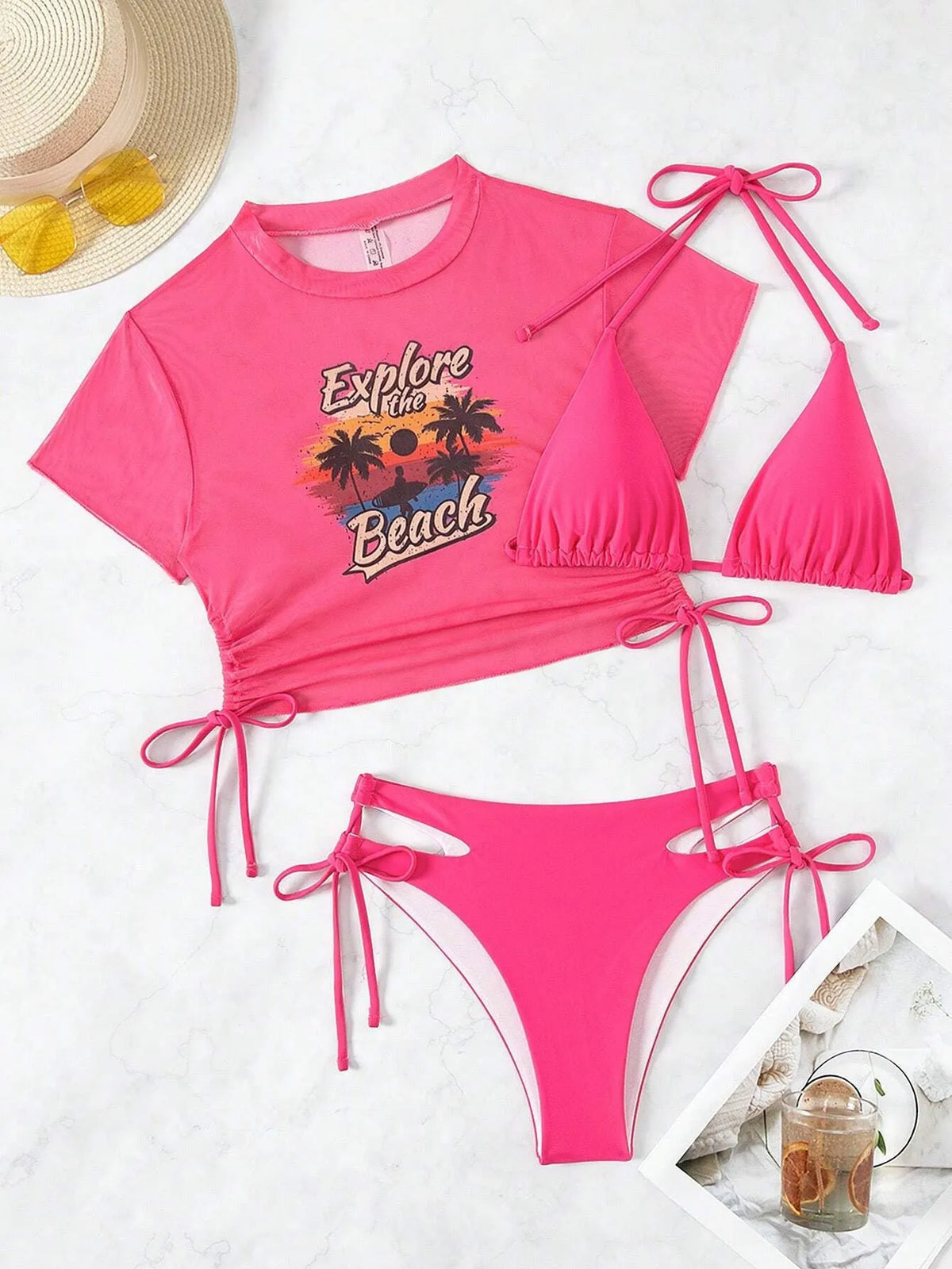 Women's black three-piece bikini swimsuit set with short sleeves