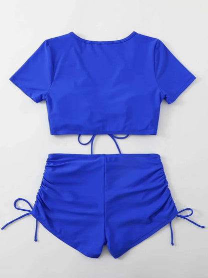 Lady's lace-up bow swimsuit in dark green colour, two-piece set for swimming
