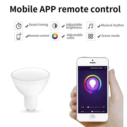 A white GU10 smart LED spotlight bulb with RGBCCT colour and Wi-Fi connectivity.