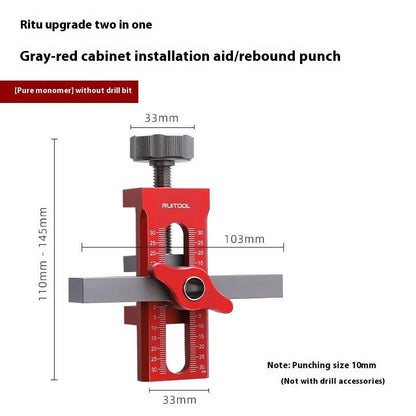 Aluminium alloy cabinet door installation jig for hinge and handle fitting.