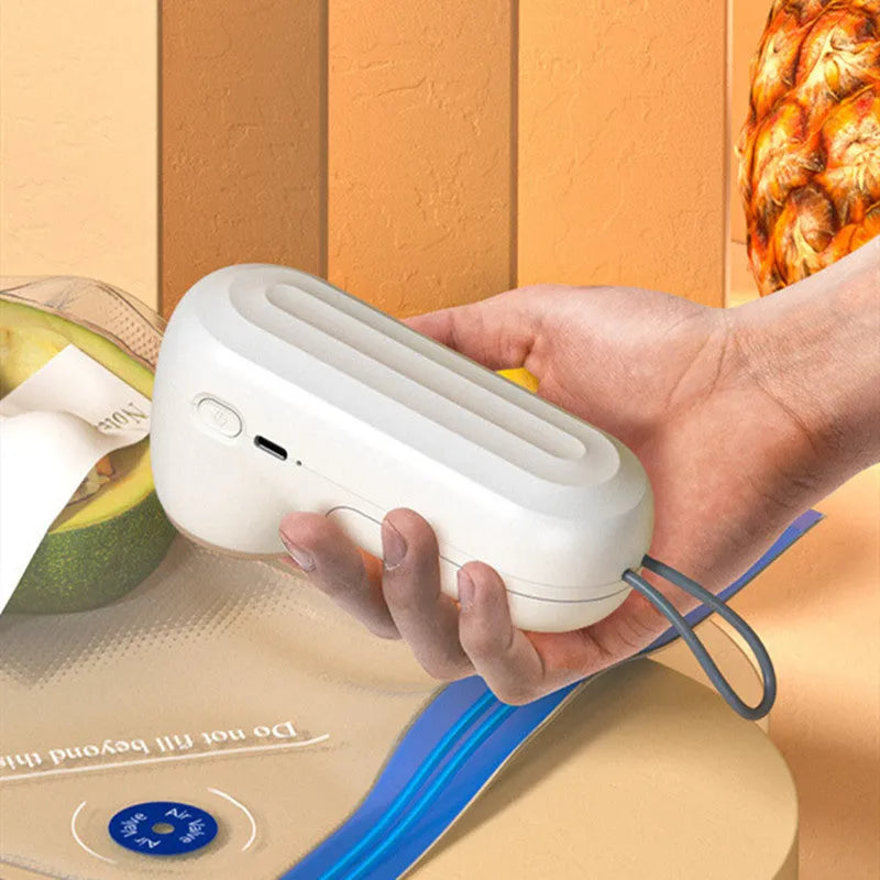 Electric handheld vacuum sealing machine kitchen gadget with USB charging, made from white ABS plastic with dimensions of 54mm x 63mm x 132mm for food preservation and storage space reduction.