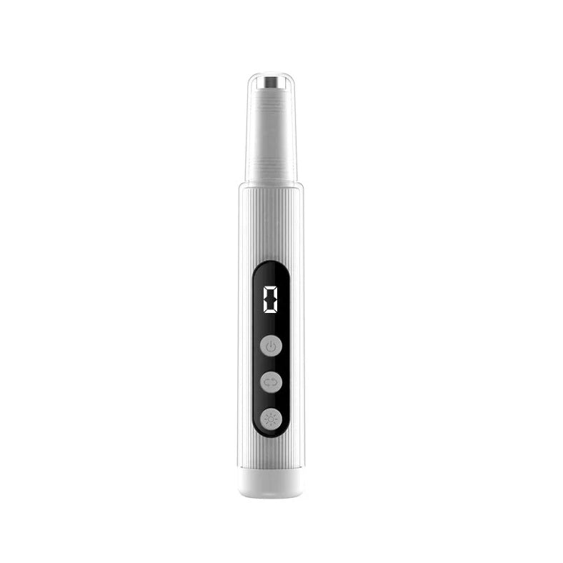 Blush pink electric nail grinder with LED light and six attachment heads on white background