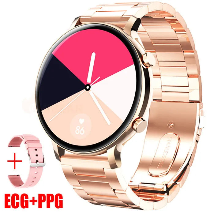 Bluetooth call smartwatch with stainless steel strap showing heart rate monitoring on screen