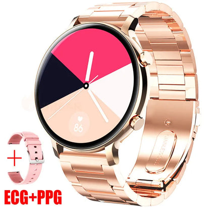 Bluetooth call smartwatch with stainless steel strap showing heart rate monitoring on screen