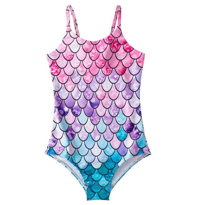 Children's mermaid one-piece swimsuit for girls in polyester with high elasticity, shown in various colours